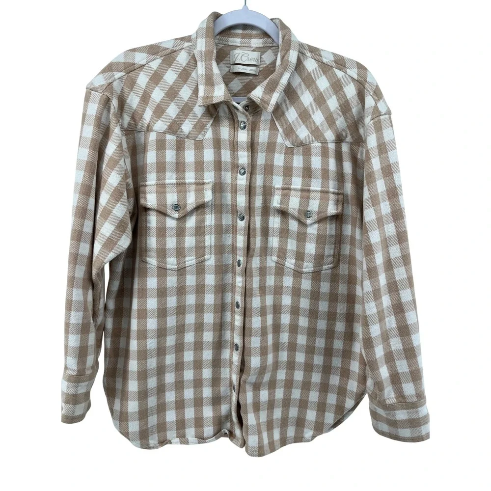 J Crew Relaxed Fit Plaid Flannel Western Pearl Snap Shirt S‎ Tan White S Shacket